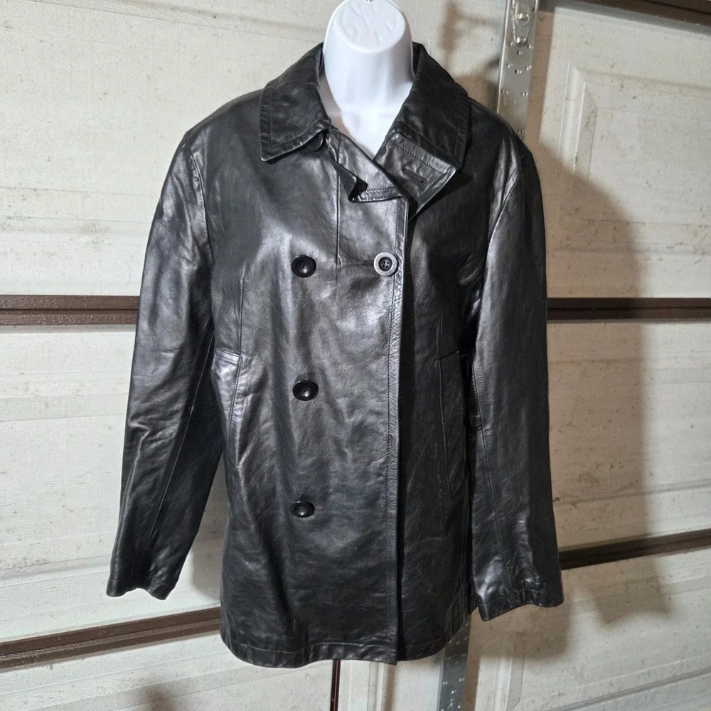 Tommy Hilfiger Mens Black Leather Car Coat Jacket Vintage Y2K Size M Medium